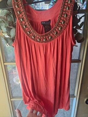 Grace Orange Sleeveless Tank with Beaded Scoop Neck